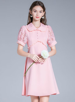 Pink Lace Patchwork Puff Sleeve Skater Dress