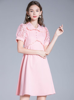 Pink Lace Patchwork Puff Sleeve Skater Dress