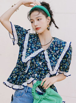 Cute Doll Collar Floral Ruffle Sleeve Blouse