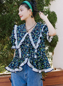 Cute Doll Collar Floral Ruffle Sleeve Blouse