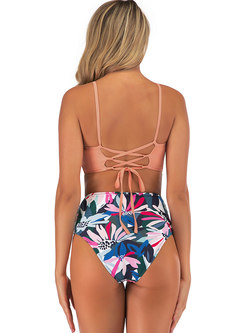 Scoop Neck Backless Strappy Print Tankini