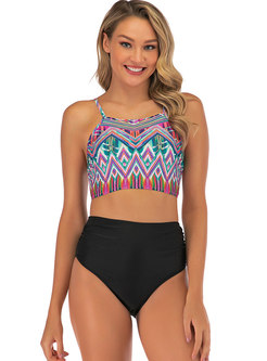 Scoop Neck Backless Strappy Print Tankini