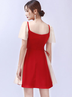 Red V-neck Mesh Patchwork A Line Cocktail Dress