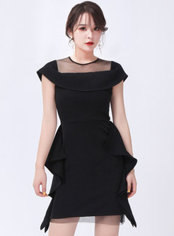 Transparent Cap Sleeve Ruffle Bodycon Black Dress