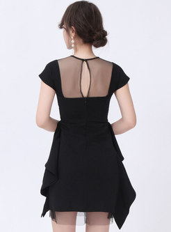 Transparent Cap Sleeve Ruffle Bodycon Black Dress