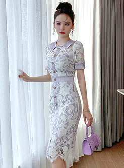Light Purple Single-breasted Bodycon Lace Dress
