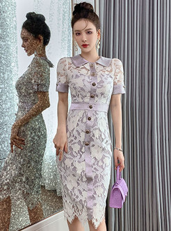 Light Purple Single-breasted Bodycon Lace Dress