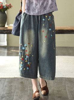 Retro Washed Denim Embroidered Wide Leg Pants