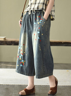 Retro Washed Denim Embroidered Wide Leg Pants