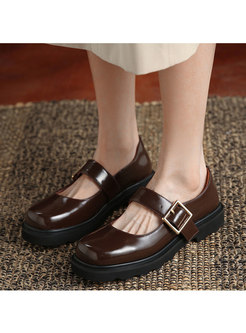 Vintage Rounded Toe Pin-buckle Fastening Leather Flats