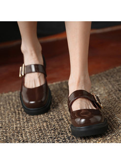 Vintage Rounded Toe Pin-buckle Fastening Leather Flats