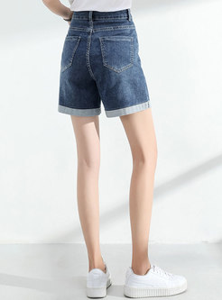 High Waisted Embroidered Curled Denim Shorts
