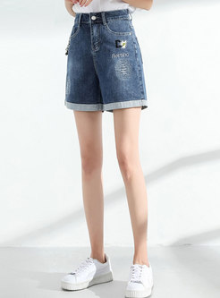 High Waisted Embroidered Curled Denim Shorts