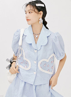 Lapel Puff Sleeve Patchwork Loose Blouse
