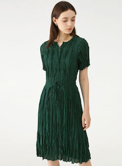 Solid Pleated Crew Neck Drawstring Summer Dress