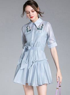 Turn-down Collar Embroidered Mini Shirt Dress