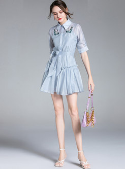 Turn-down Collar Embroidered Mini Shirt Dress