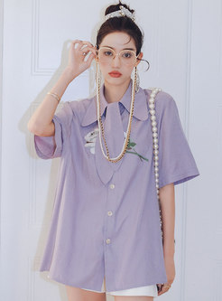 Cute Purple Turn-down Collar Embroidered Shirt