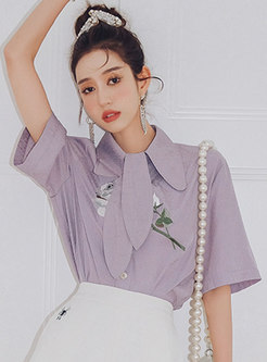 Cute Purple Turn-down Collar Embroidered Shirt
