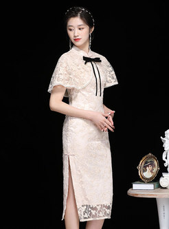 Champagne Cape Sleeve Embroidered Lace Cheongsam Dress