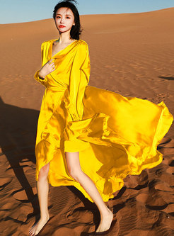 Yellow Lantern Sleeve A Line Maxi Dress
