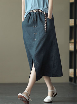 Retro High Waisted Linen Maxi Skirt