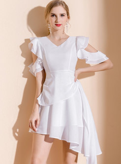 White V-neck Cold Shoulder Asymmetric Chiffon Dress