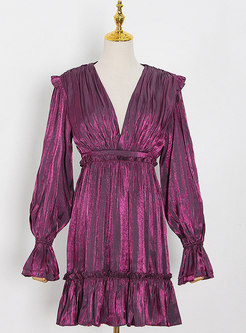 Purple V-neck Long Sleeve Glossy Mini Dress