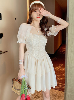 Puff Sleeve High Waisted Ruched Skater Dress