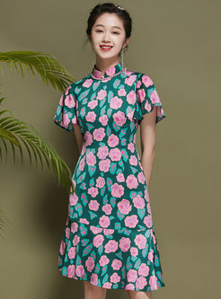Vintage Mandarin Collar Chiffon Cheongsam Dress