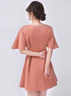 Salmon-pink V-neck Flare Sleeve Mini Dress