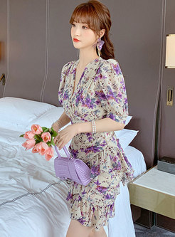 V-neck Chiffon Purple Floral Ruffle Bodycon Dress