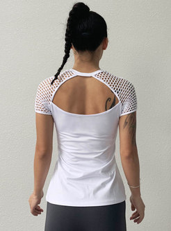 Crew Neck Patchwork Backless Sports T-shirt