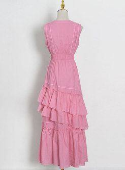Pink V-neck Sleeveless Layer Maxi Dress
