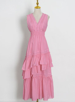 Pink V-neck Sleeveless Layer Maxi Dress