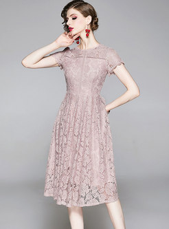 Pink Crew Neck Openwork Lace A Line Dress
