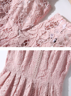 Pink Crew Neck Openwork Lace A Line Dress
