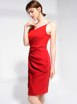 Sexy Red V-neck Sleeveless Ruched Bodycon Dress