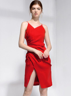 Sexy Red V-neck Sleeveless Ruched Bodycon Dress