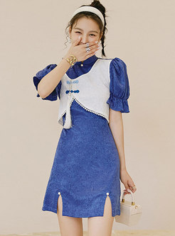 Mandarin Collar Color-blocked Patchwork Mini Dress