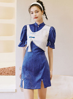 Mandarin Collar Color-blocked Patchwork Mini Dress