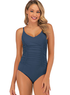 Scoop Neck Solid Ruched One Piece Swimwear