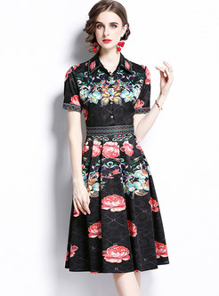 Black Turn-down Collar Embroidered Midi Dress