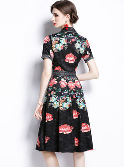 Black Turn-down Collar Embroidered Midi Dress