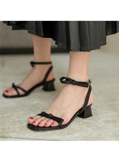 Rounded Toe Bowknot Ankle Strap Chunky Heel Sandals