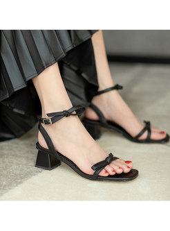 Rounded Toe Bowknot Ankle Strap Chunky Heel Sandals