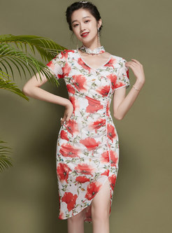 V-neck Print Bodycon Improved Cheongsam Dress