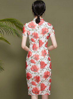 V-neck Print Bodycon Improved Cheongsam Dress