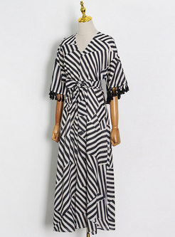 Casual Striped V-neck Tassel Wrap Maxi Dress