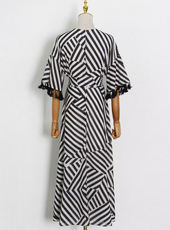 Casual Striped V-neck Tassel Wrap Maxi Dress